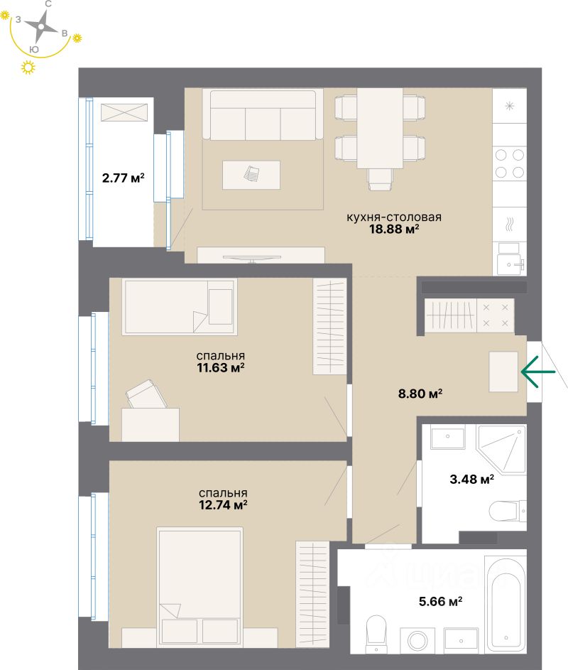 2-комн.кв., 64 м², 2/24 этаж