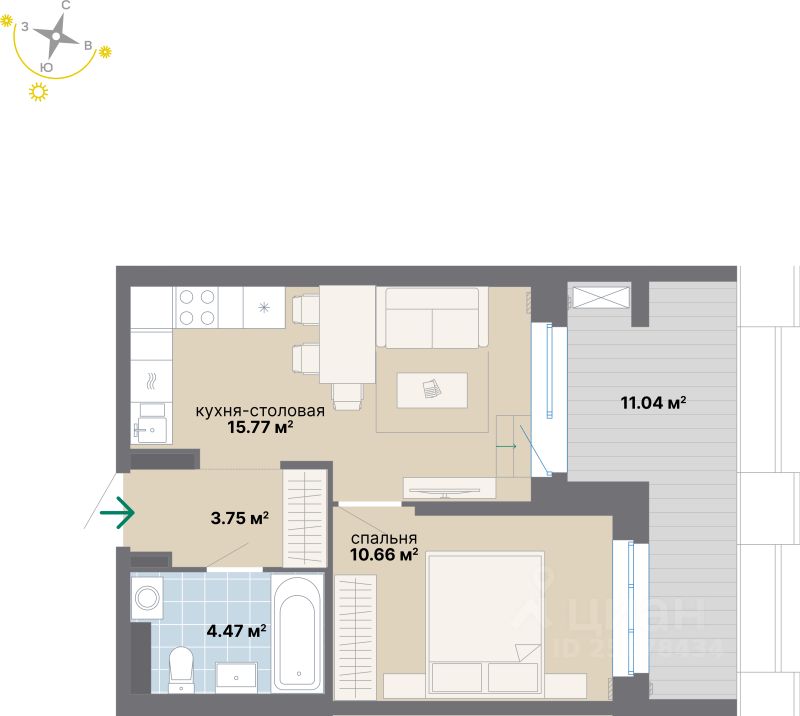 1-комн.кв., 45,7 м², 3/24 этаж