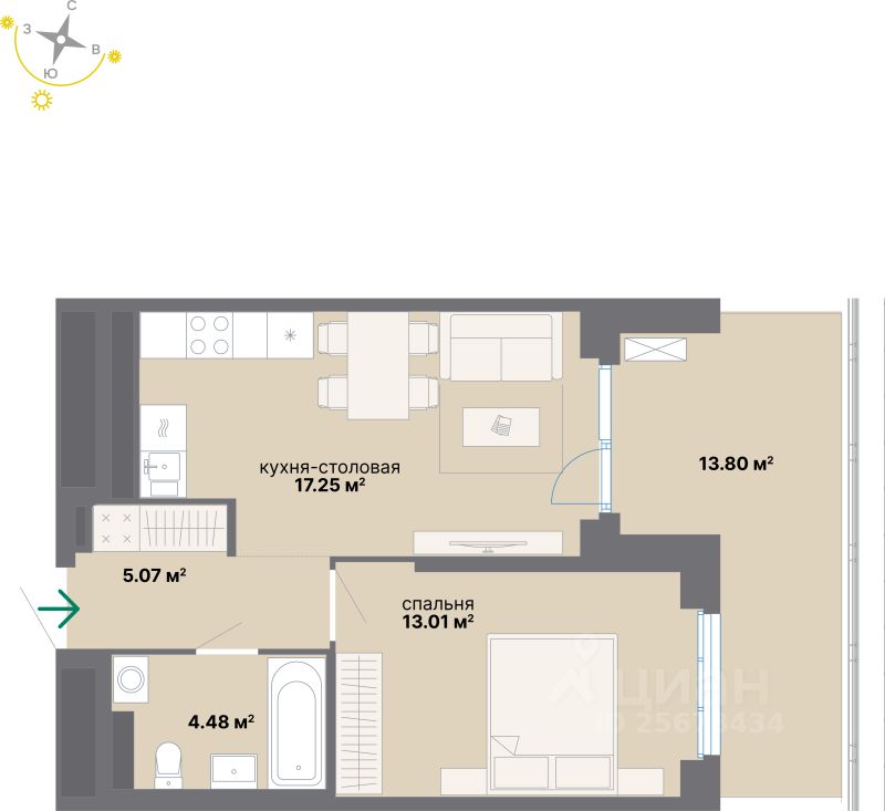 1-комн.кв., 53,6 м², 3/24 этаж