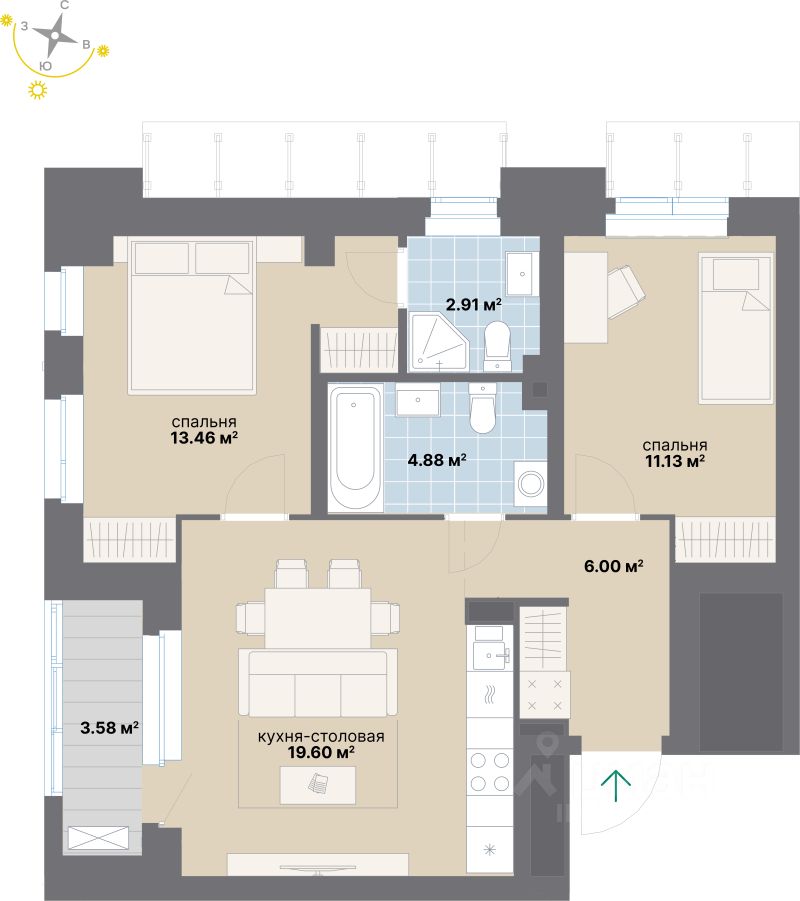 2-комн.кв., 61,6 м², 2/24 этаж