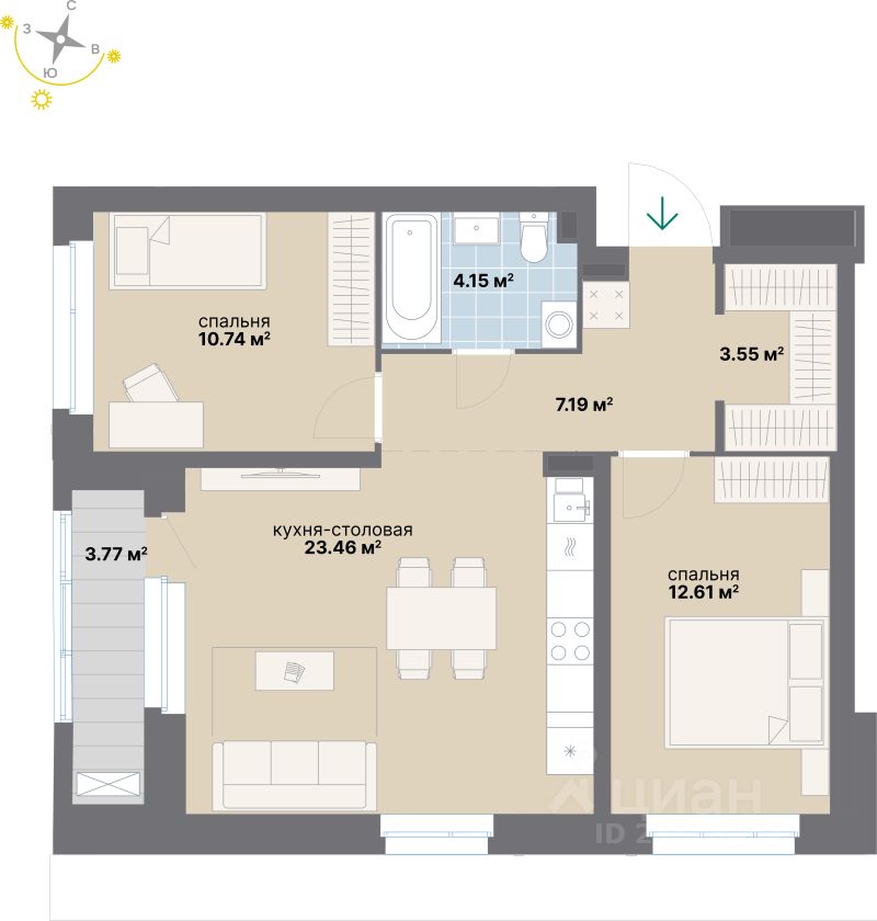 2-комн.кв., 65,5 м², 2/24 этаж