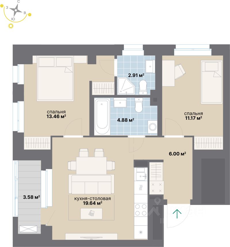 2-комн.кв., 61,6 м², 13/24 этаж