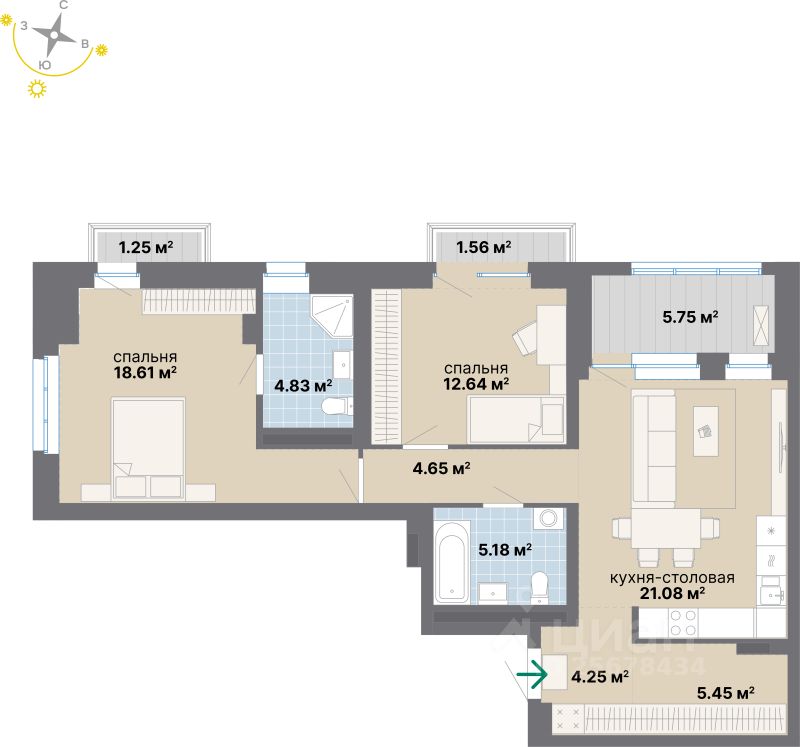 2-комн.кв., 85,2 м², 5/24 этаж