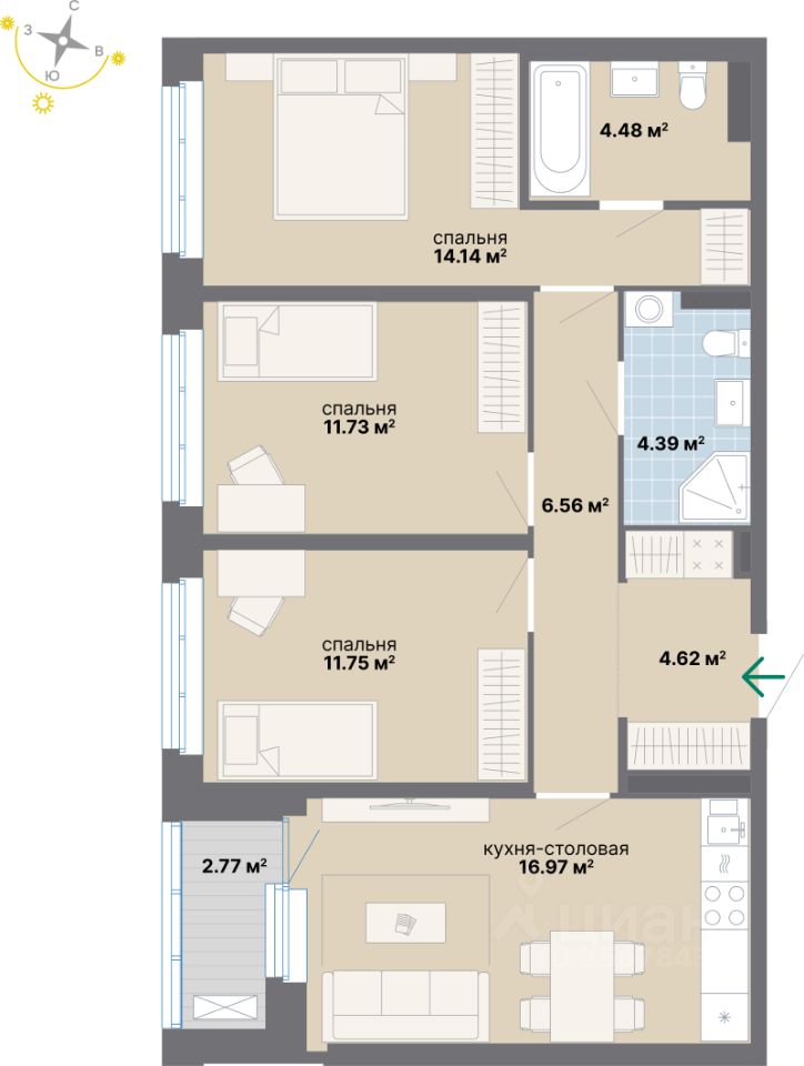 3-комн.кв., 77,4 м², 5/24 этаж