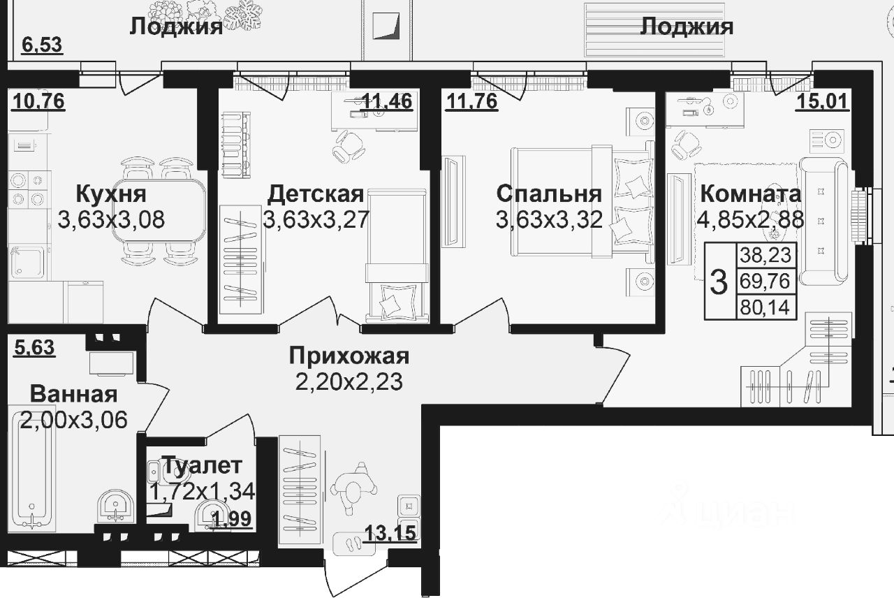 Планировка этой квартиры по данным Циан