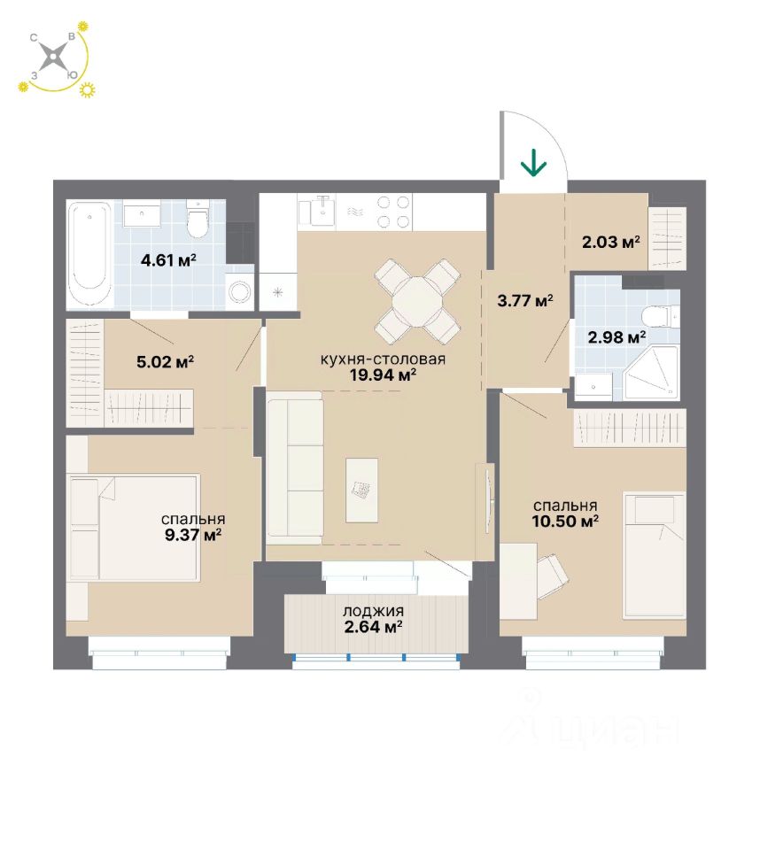 2-комн.кв., 60,9 м², 4/9 этаж