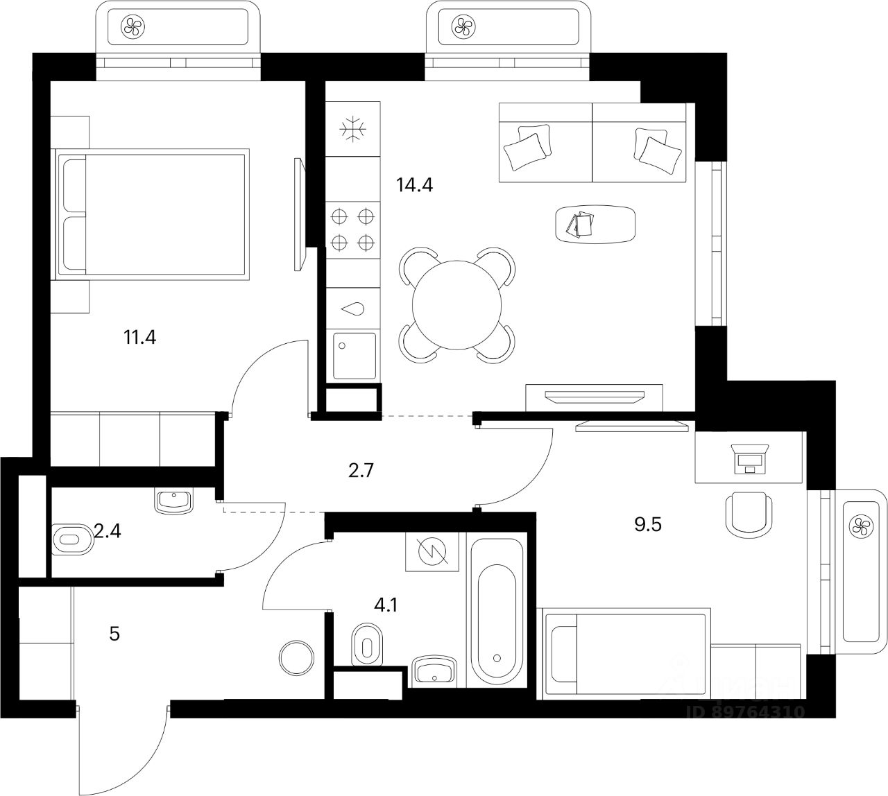 2-комн.кв., 49,5 м², 17/22 этаж