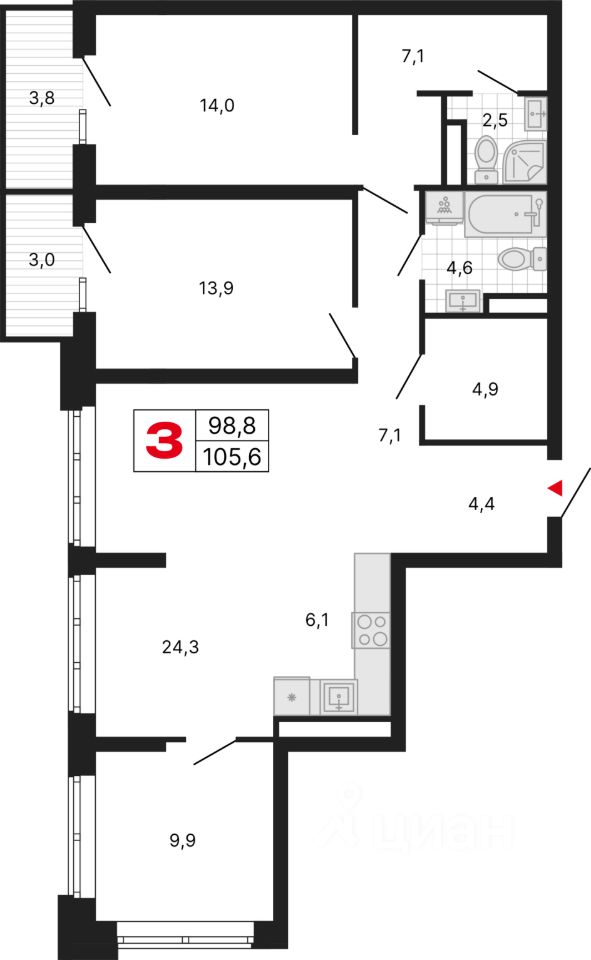 3-комн.кв., 105,6 м², 6/29 этаж