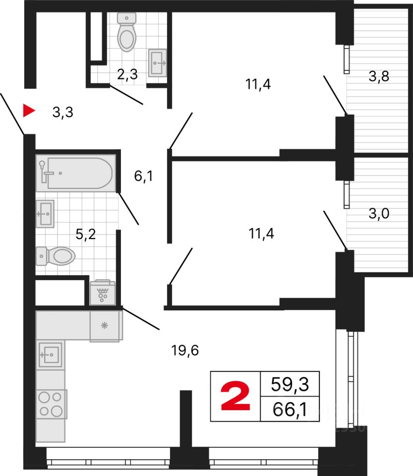 2-комн.кв., 66,1 м², 7/29 этаж