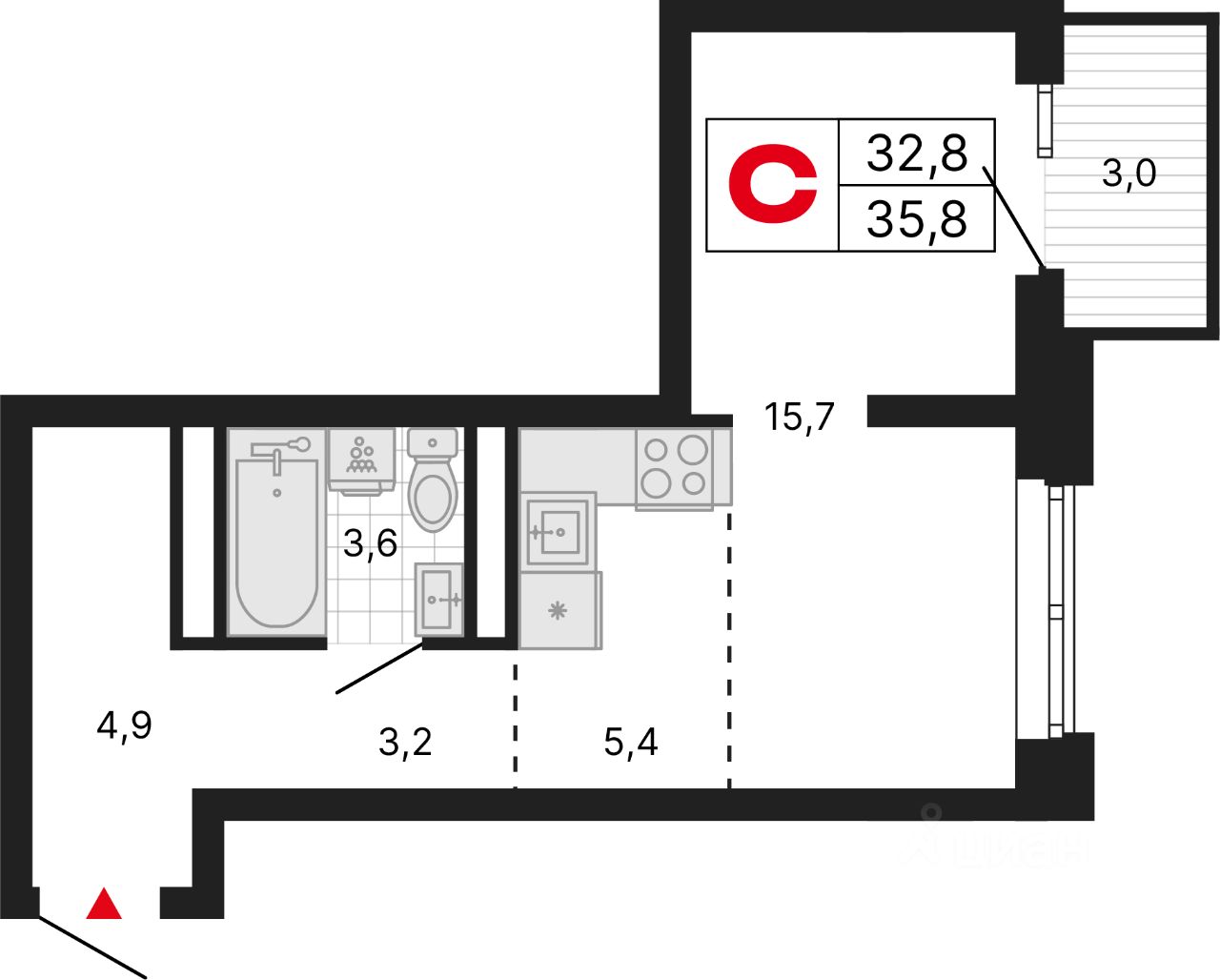 Студия, 35,8 м², 20/29 этаж