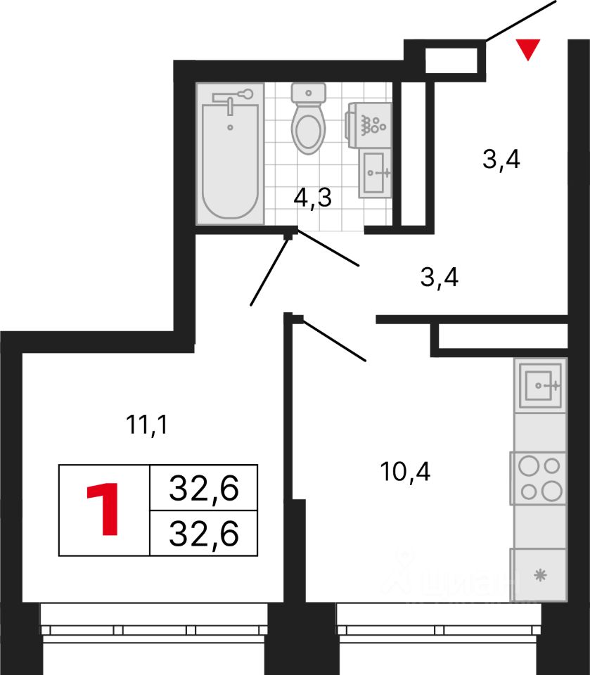 1-комн.кв., 32,6 м², 25/29 этаж