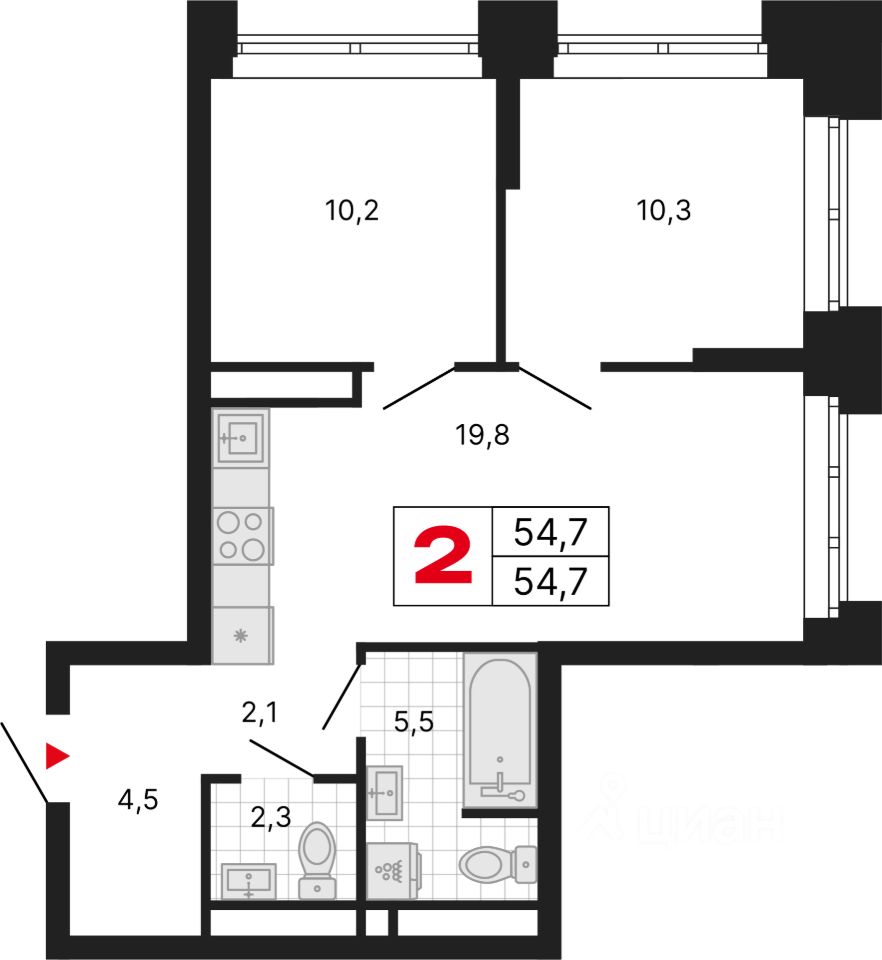 2-комн.кв., 54,7 м², 25/29 этаж