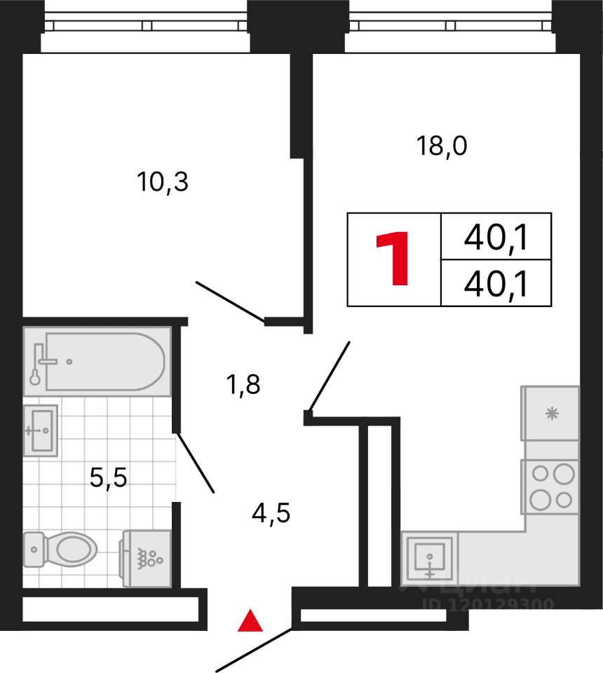 1-комн.кв., 40,1 м², 29/29 этаж