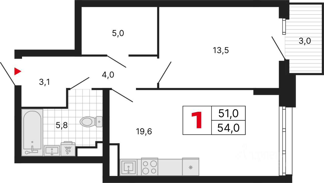 1-комн.кв., 54 м², 6/29 этаж