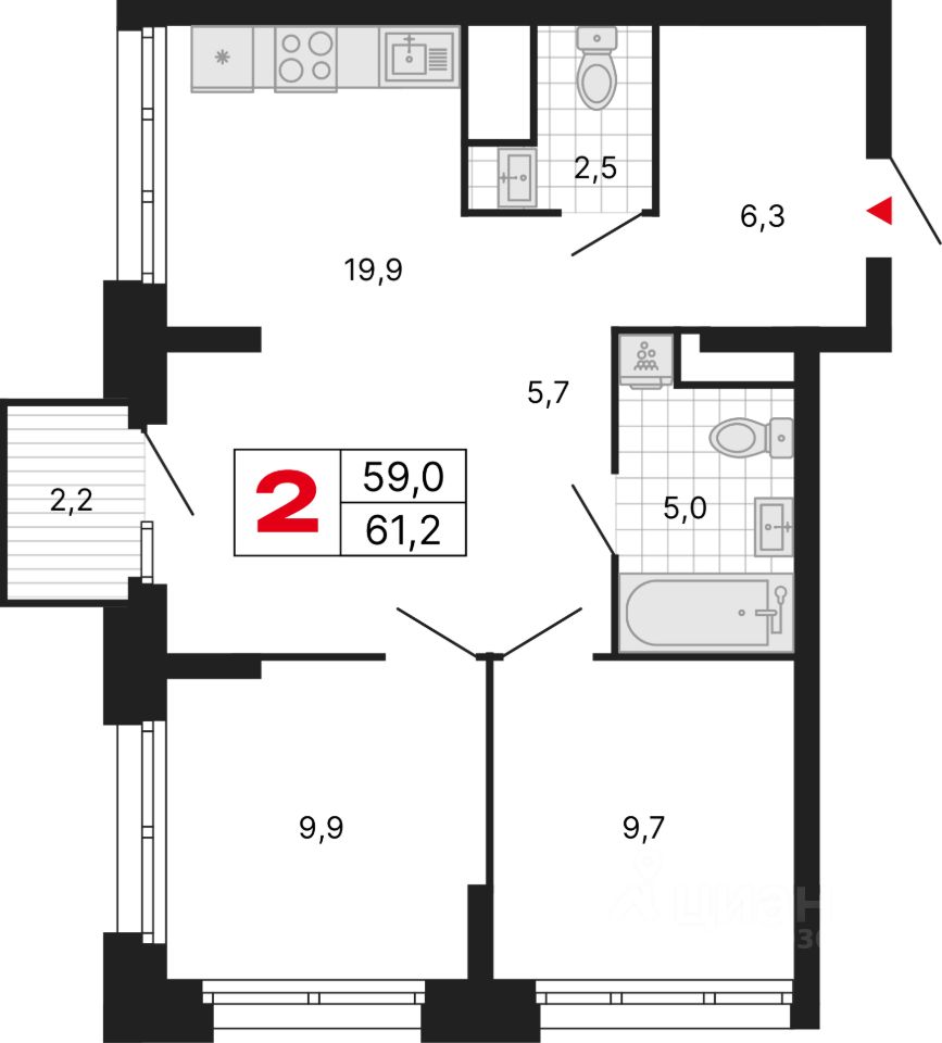 2-комн.кв., 61,2 м², 6/29 этаж