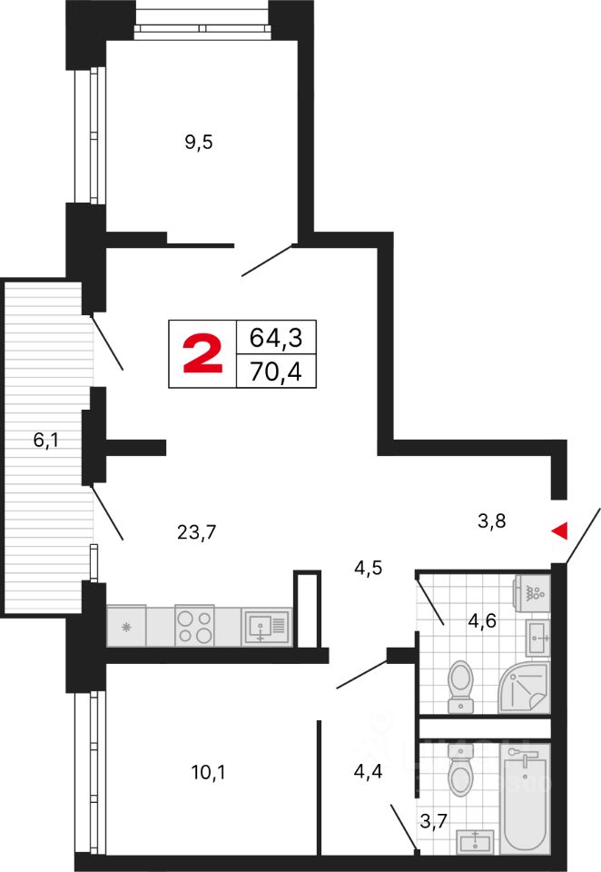 2-комн.кв., 70,4 м², 10/29 этаж