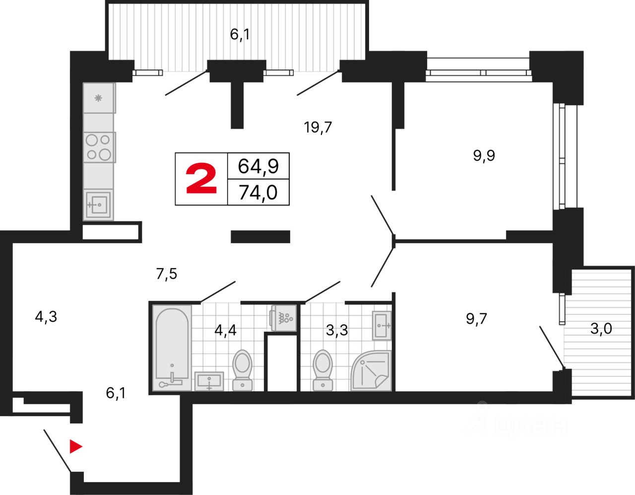 2-комн.кв., 74 м², 10/29 этаж