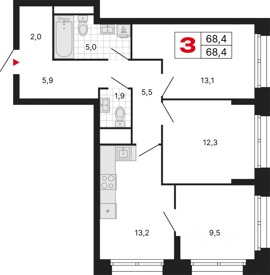 3-комн.кв., 68,4 м², 12/29 этаж
