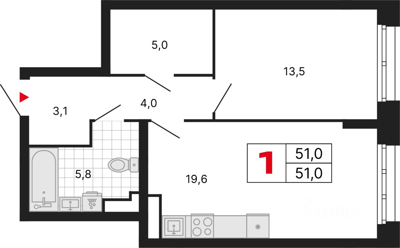 1-комн.кв., 51 м², 15/29 этаж