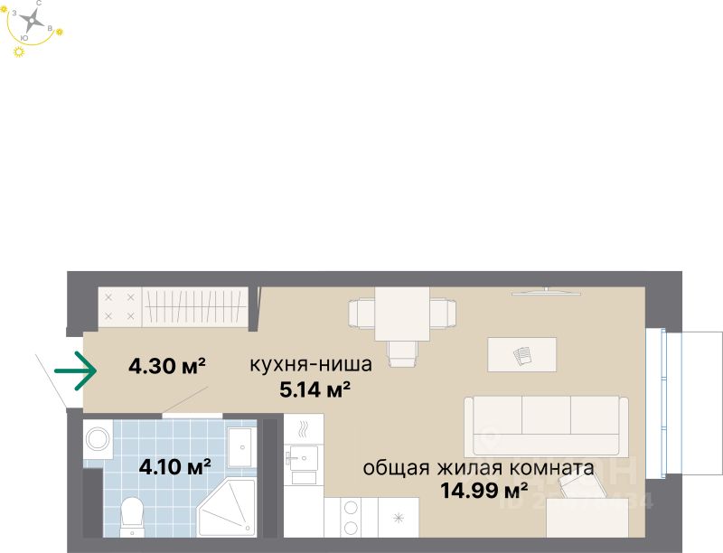 Студия, 28,5 м², 4/26 этаж