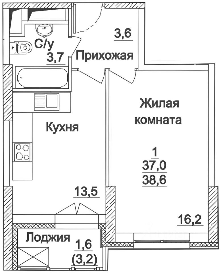 Планировка этой квартиры по данным Циан