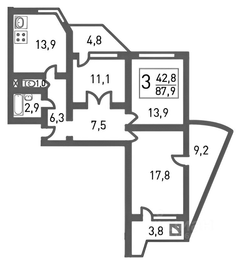 Планировка этой квартиры по данным Циан