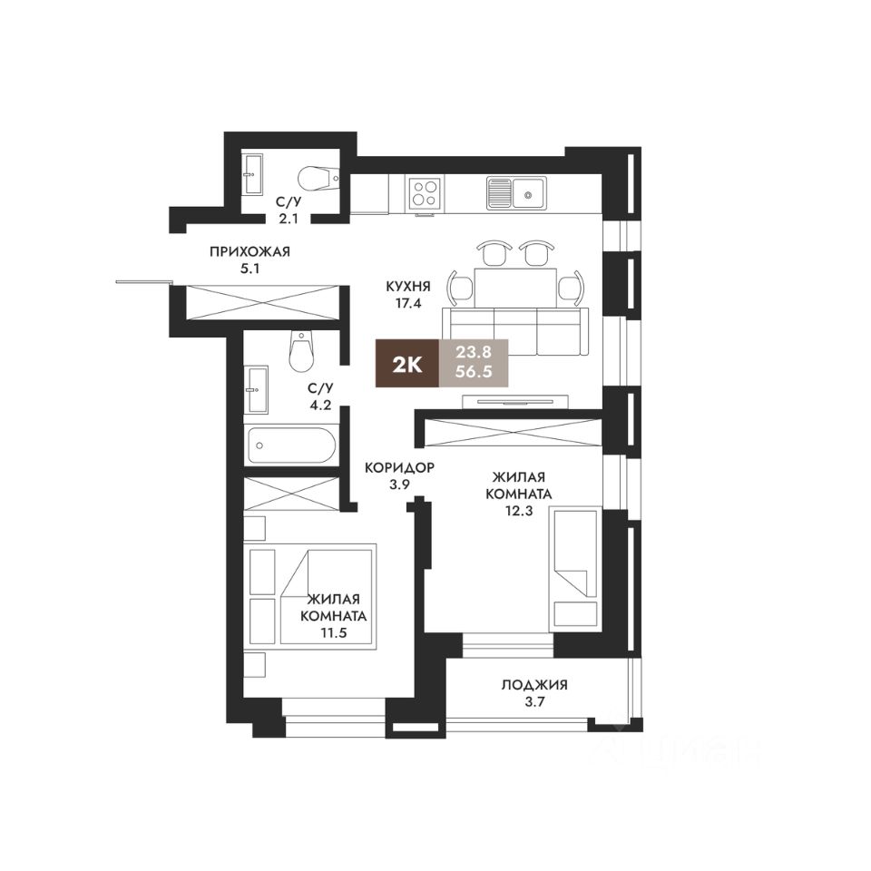 2-комн.кв., 56,5 м², 7/24 этаж