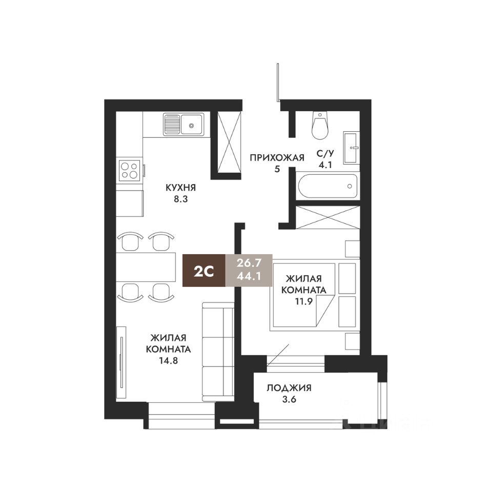 2-комн.кв., 44,1 м², 16/24 этаж