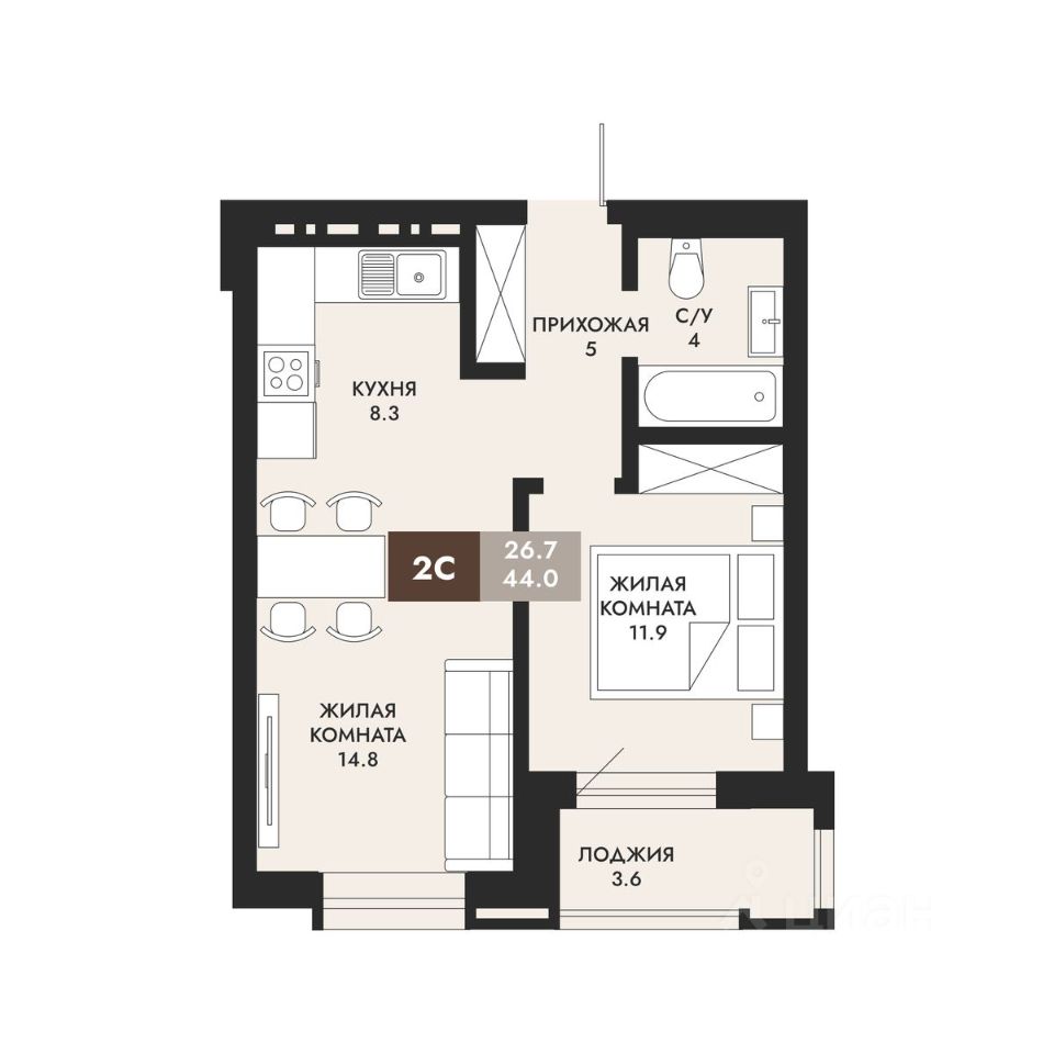 2-комн.кв., 44 м², 2/22 этаж