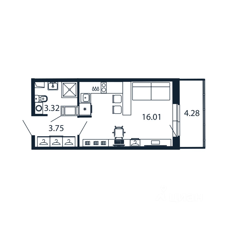 Студия, 22,3 м², 11/12 этаж