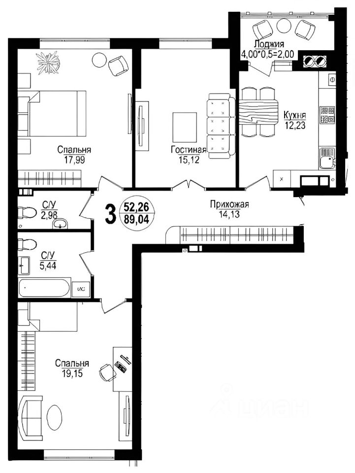 Планировка этой квартиры по данным Циан