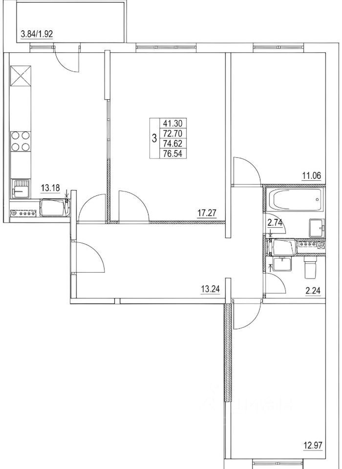 Планировка этой квартиры по данным Циан