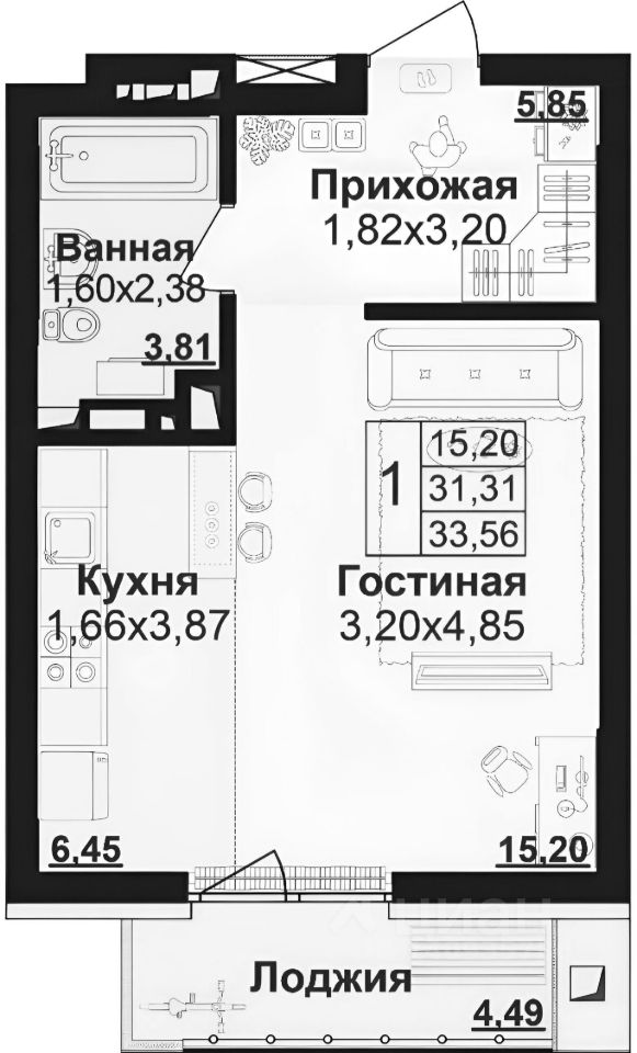 Планировка этой квартиры по данным Циан