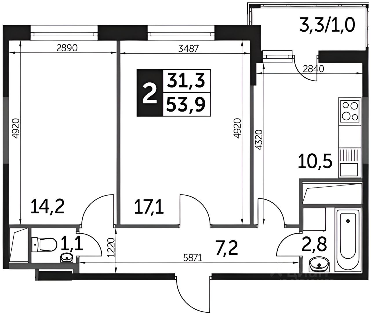Планировка этой квартиры по данным Циан