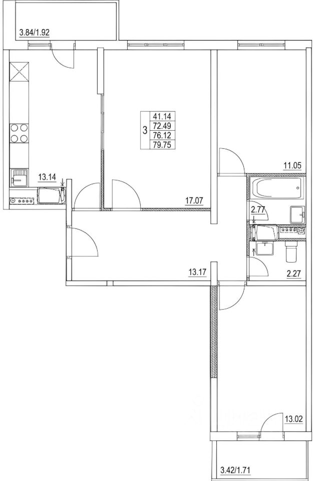 Планировка этой квартиры по данным Циан
