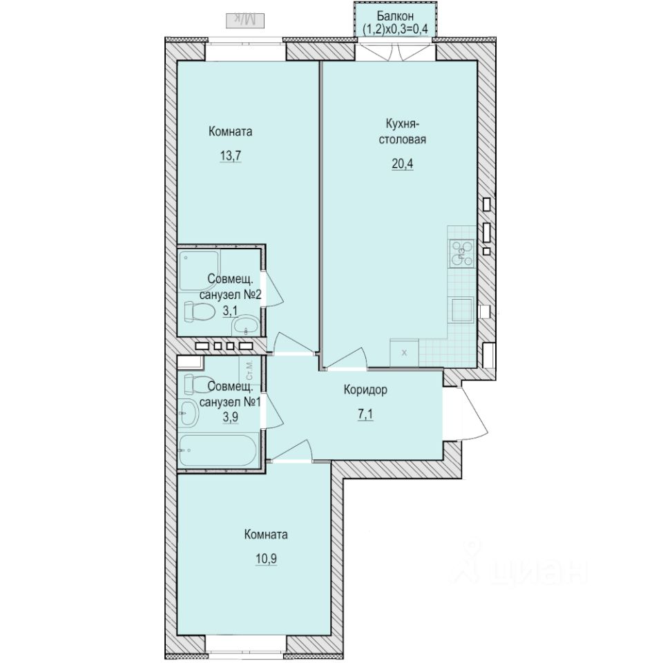 2-комн.кв., 59,4 м², 1/5 этаж