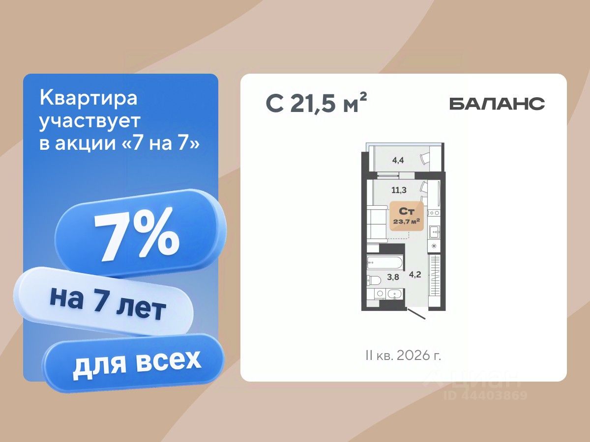 Планировка: Студия 21.5 м² в ЖК Баланс, Воровского