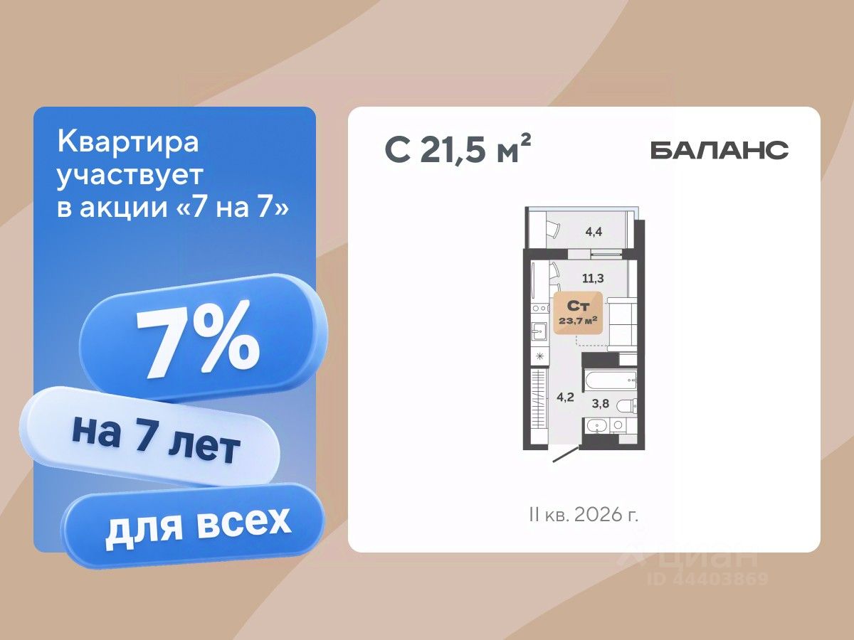 Планировка: Студия 21.5 м² в ЖК Баланс, Воровского