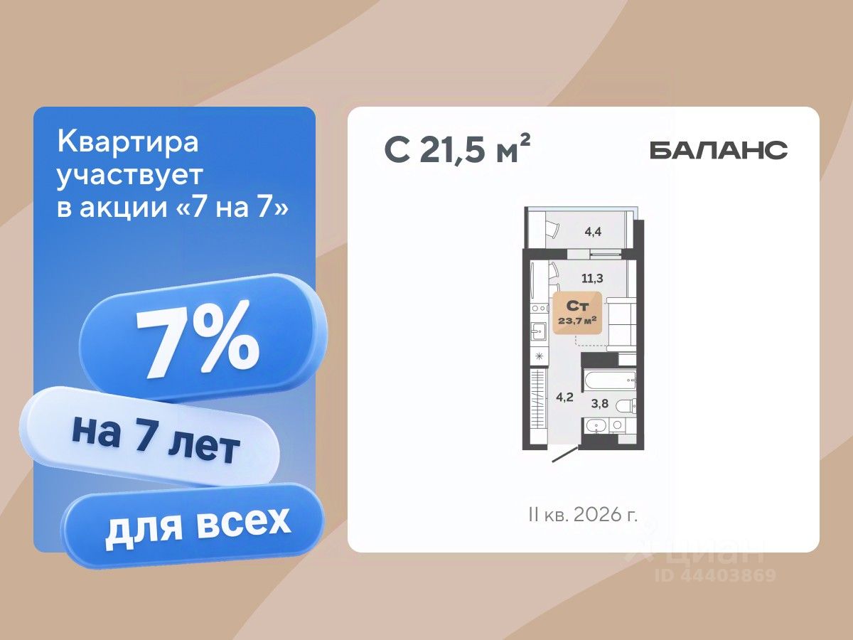 Планировка: Студия 21.5 м² в ЖК Баланс, Воровского