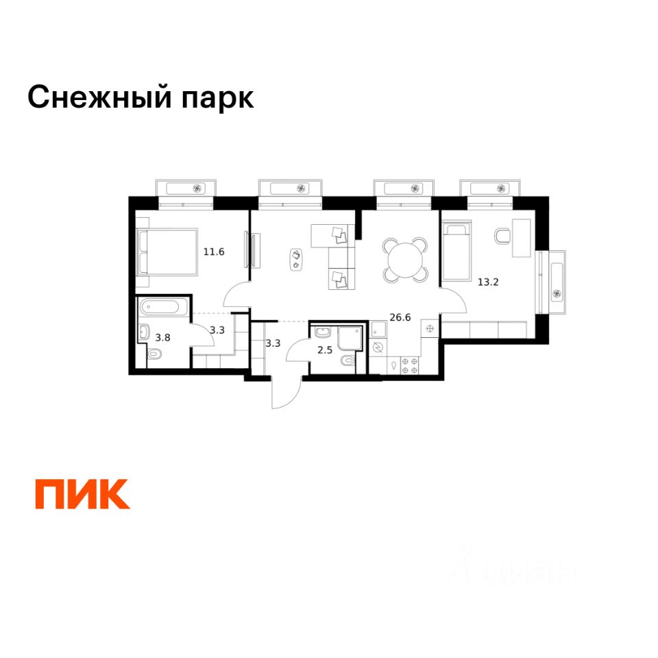 2-комн. квартира в ЖК Снежный парк