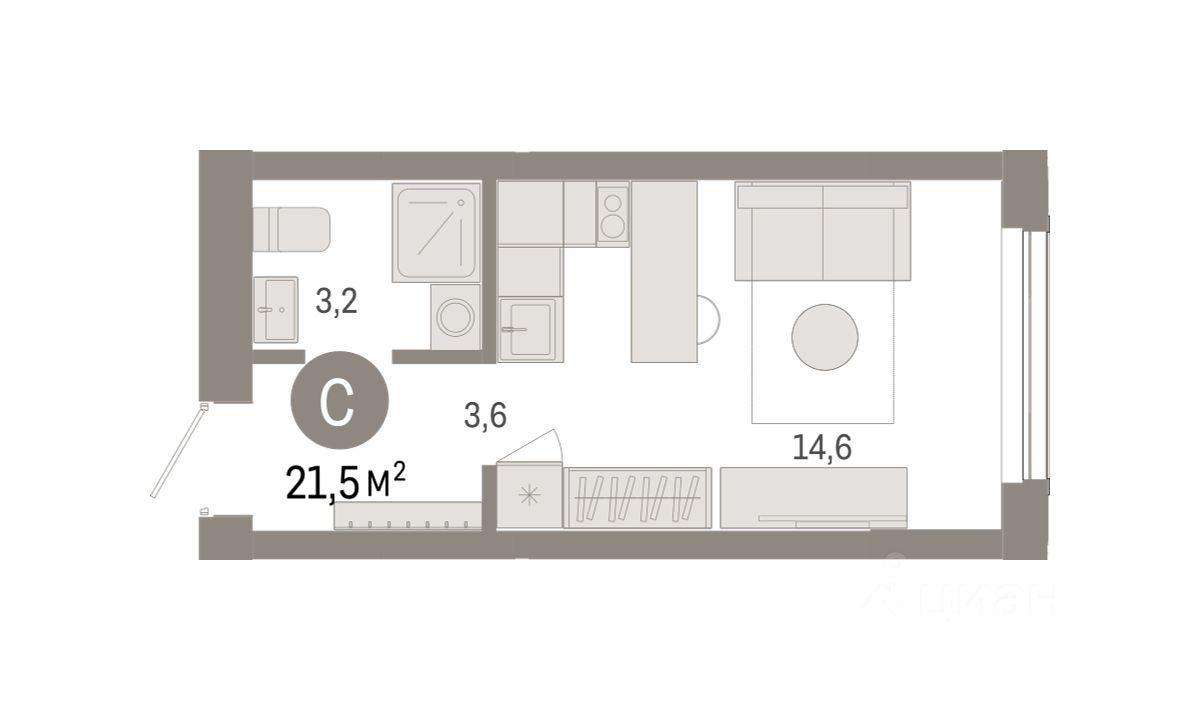 1-комн. квартира, 21.5 м² 2