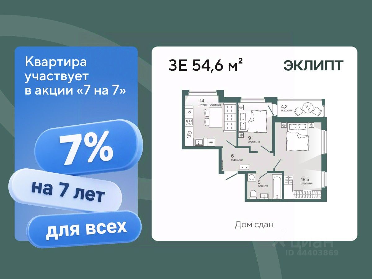 Планировка: Формат уточняется 54.6 м² в ЖК Эклипт, Рощино