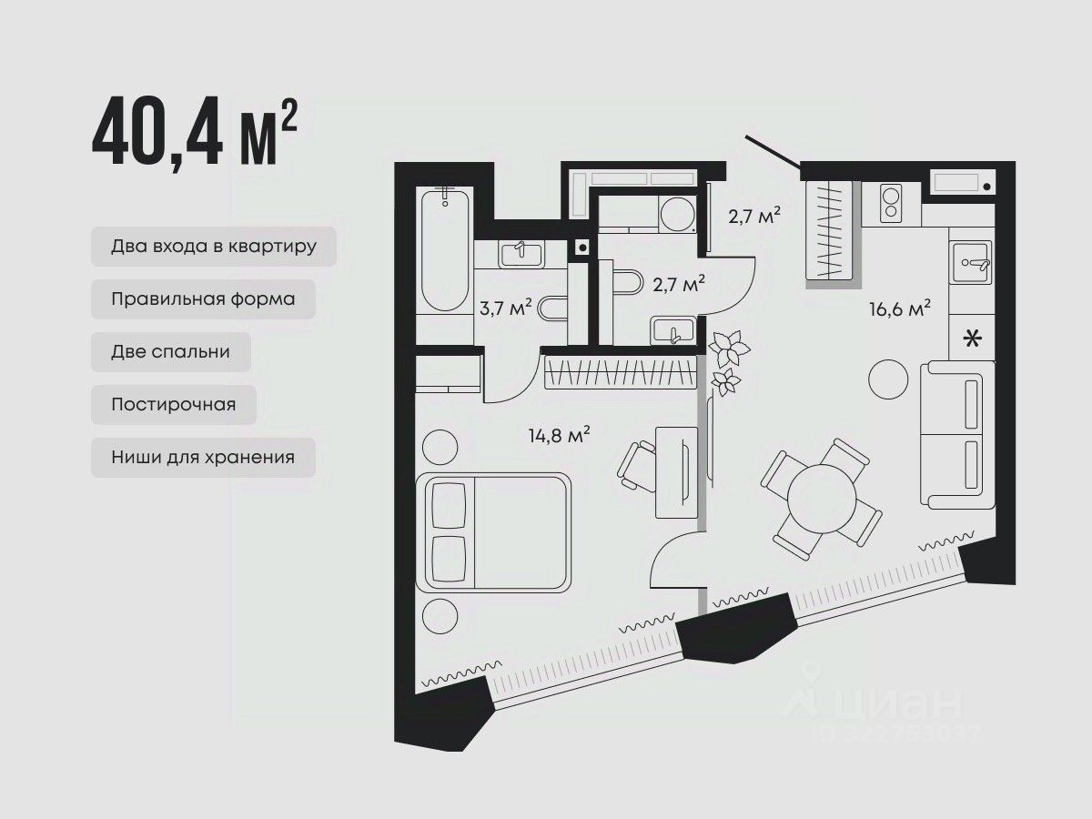 Планировка: Евродвушка 40.4 м² в ЖК Челюскинцев 5, Центр: Исторический