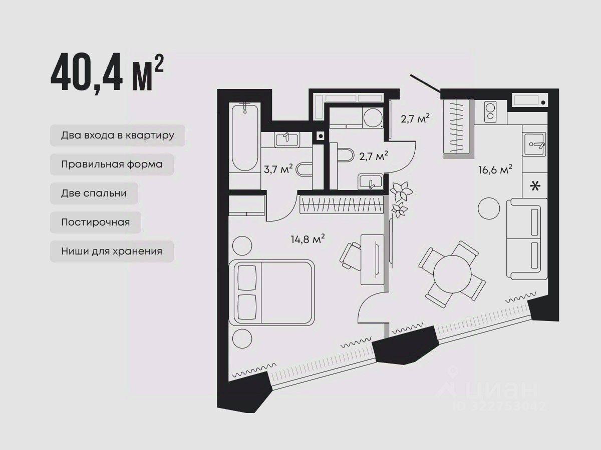 Планировка: Евродвушка 40.4 м² в ЖК Челюскинцев 5, Центр: Исторический