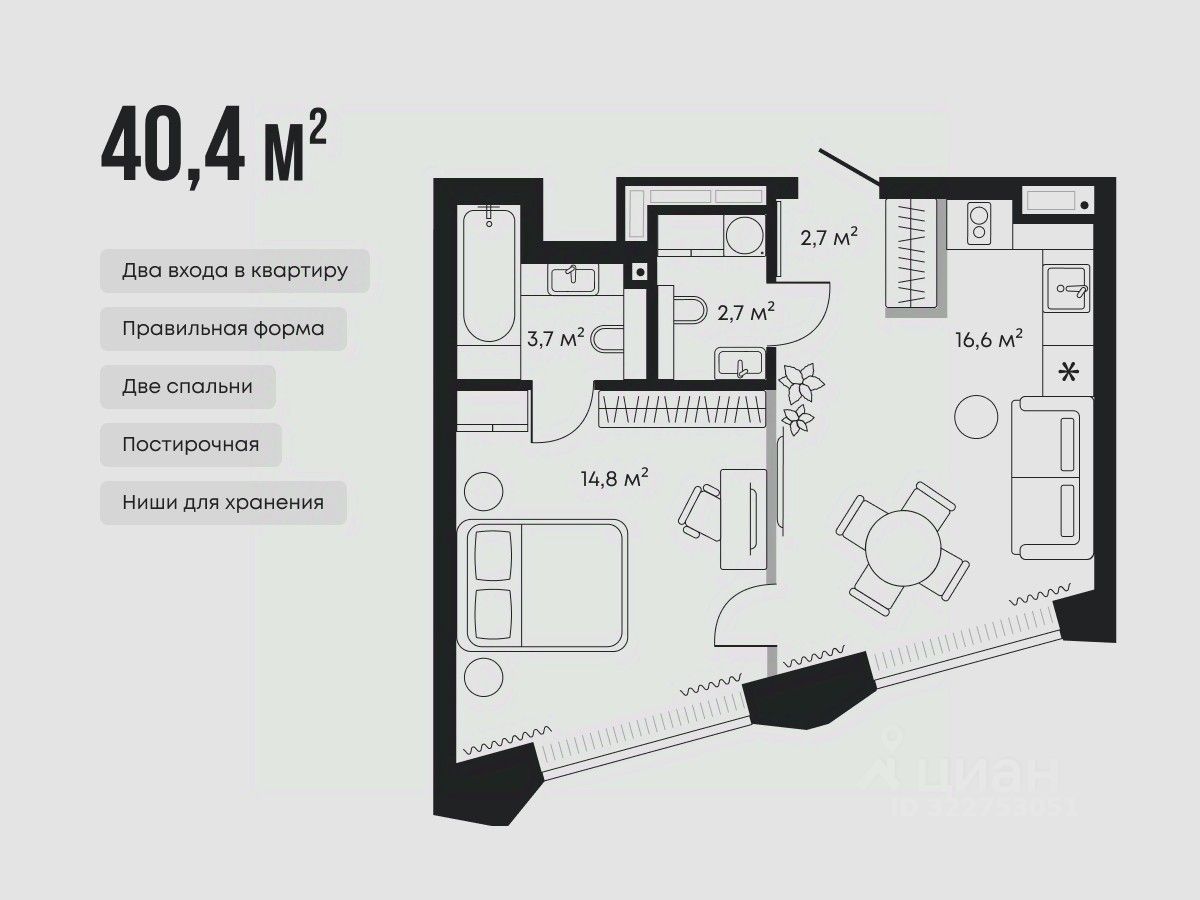 Планировка: Евродвушка 40.4 м² в ЖК Челюскинцев 5, Центр: Исторический