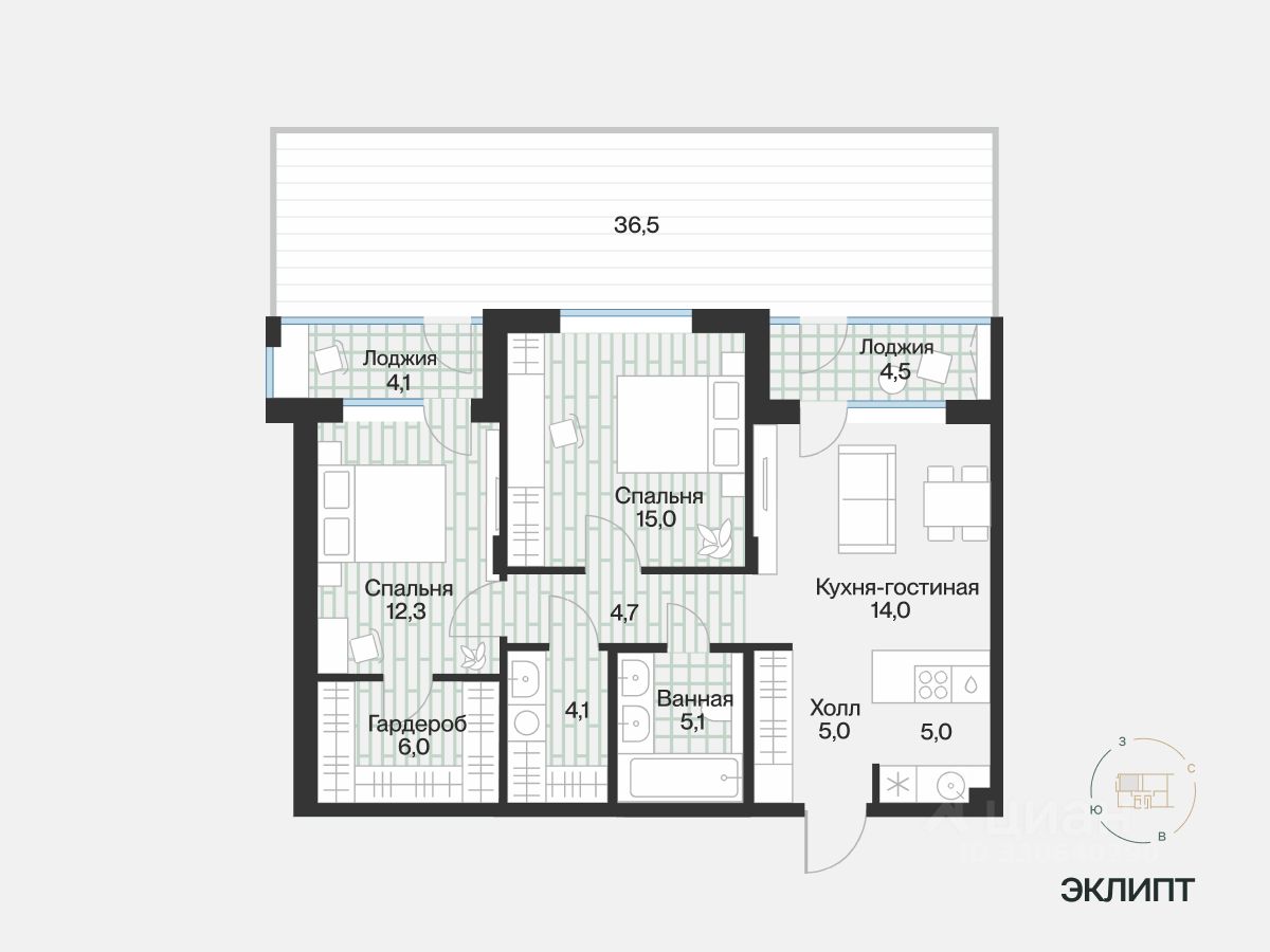 Планировка: Формат уточняется 54.6 м² в ЖК Эклипт, Рощино