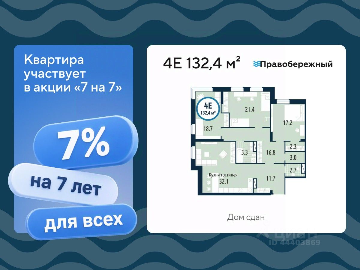 Планировка: 4-комнатная евро 132.4 м² в ЖК Правобережный, Центр