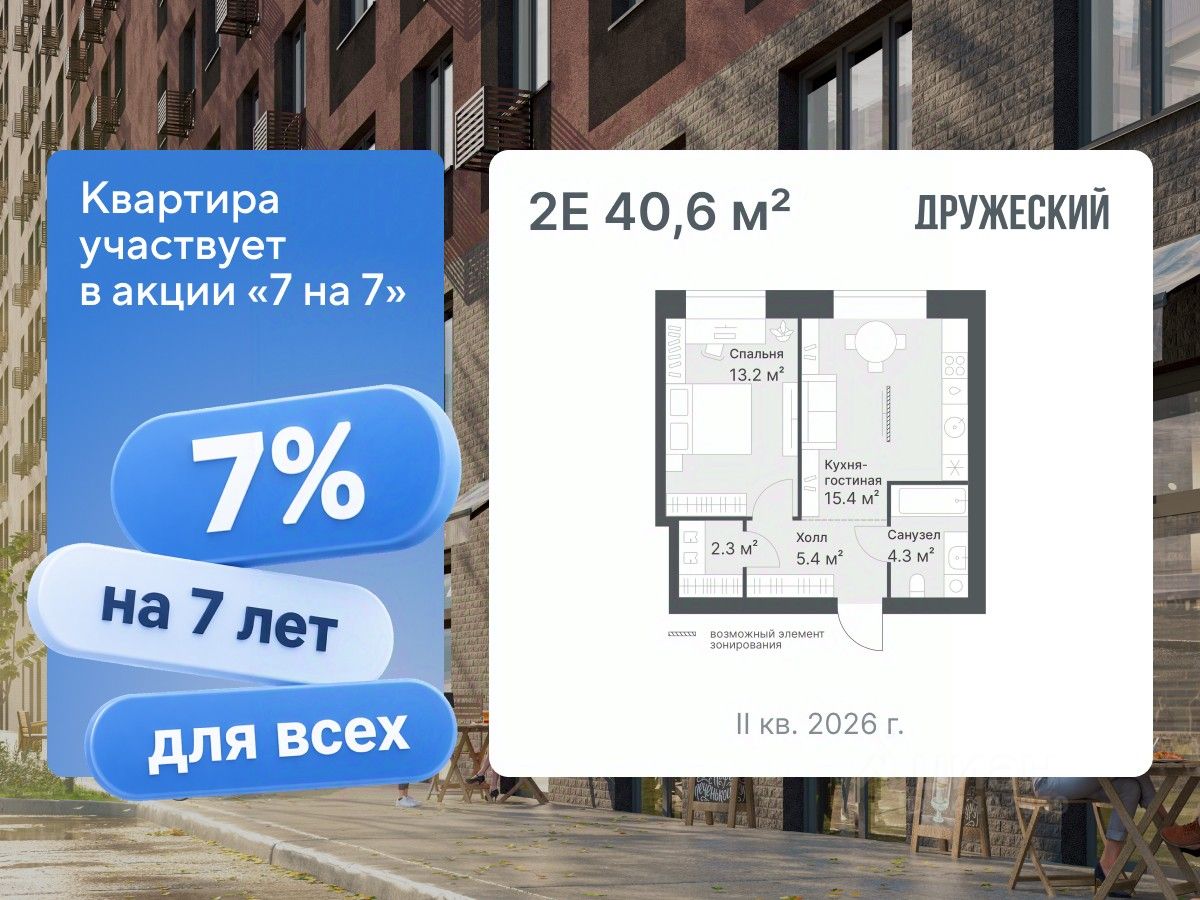 Планировка: Евродвушка 40.6 м² в ЖК Дружеский, Плеханово