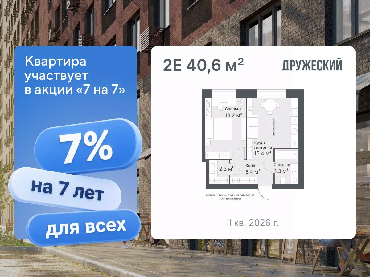 Планировка: Евродвушка 40.6 м² в ЖК Дружеский, Плеханово