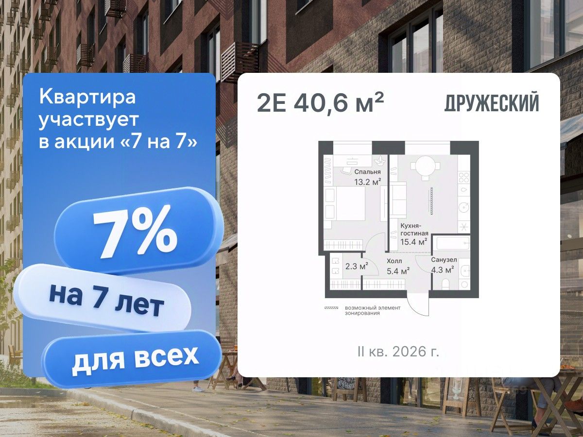 Планировка: Евродвушка 40.6 м² в ЖК Дружеский, Плеханово
